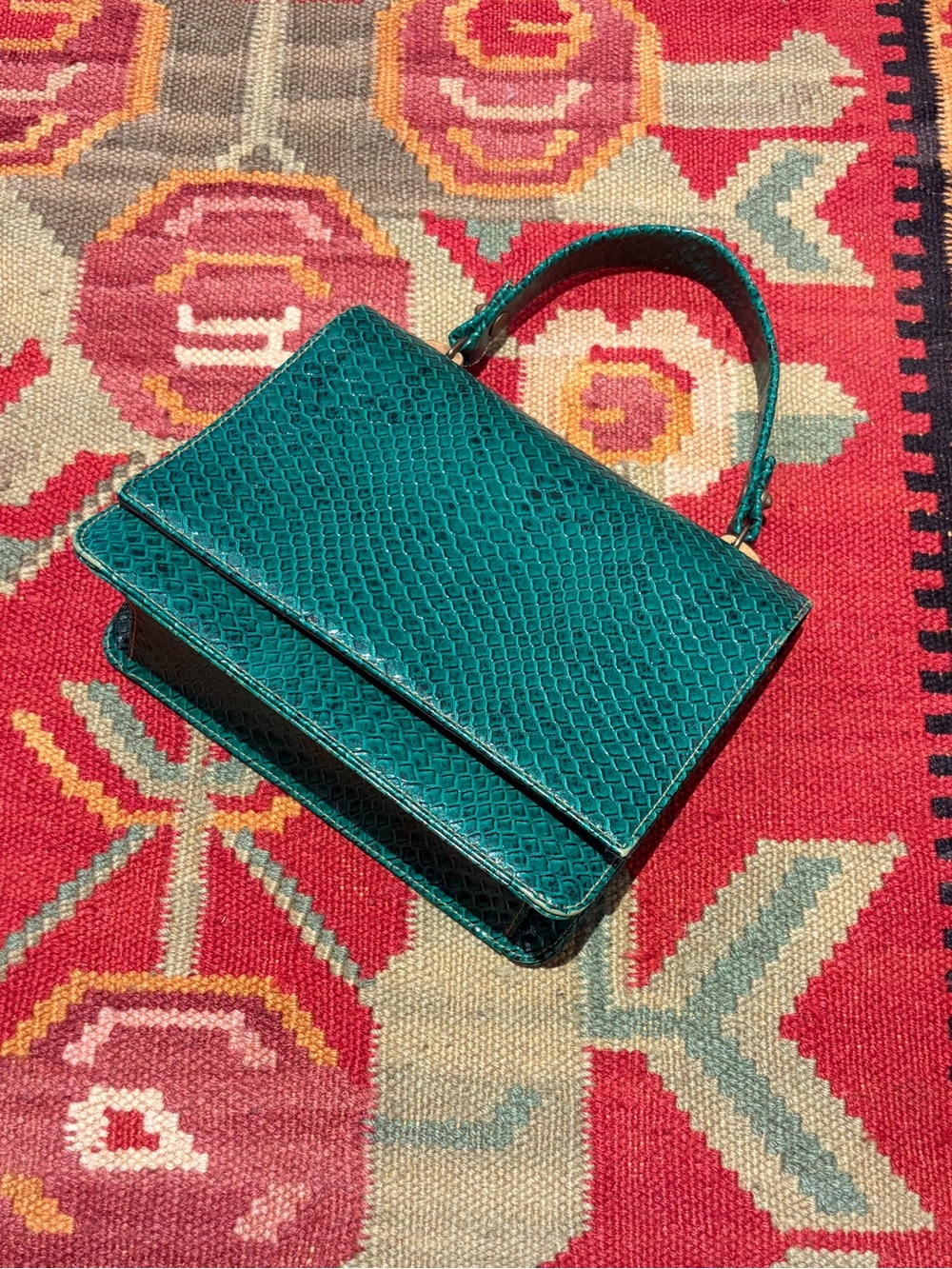 1950s/1960s Mini Green Embossed Faux Snakeskin Real Leather Women's Handbag